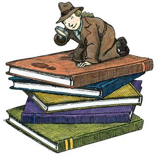 cartoon of man on top of books with a magnifying glass.
